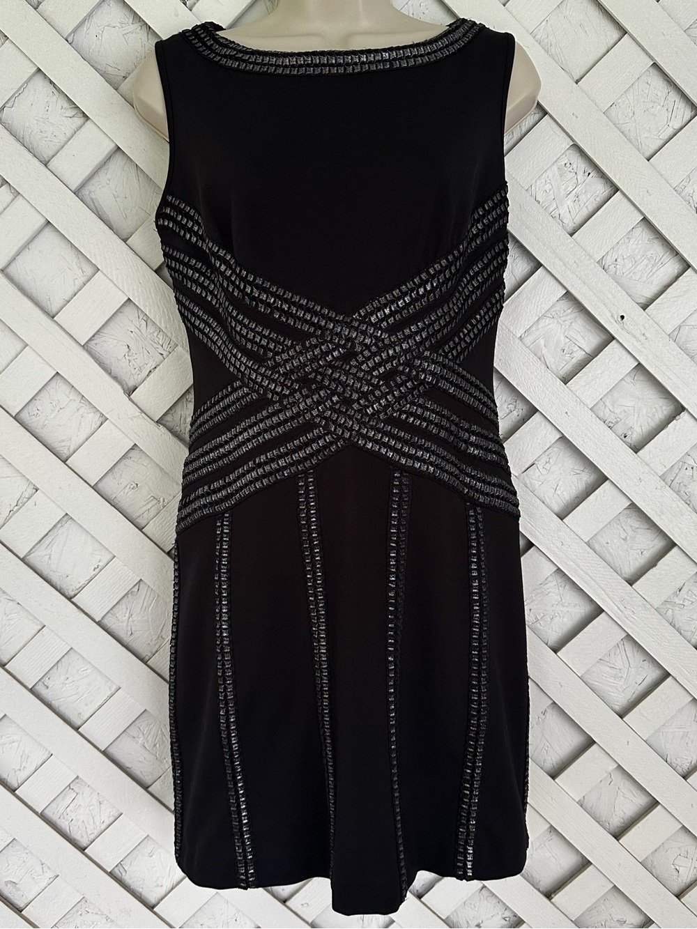 Tadashi Shoji Sleeveless Short Dress Textured Metallic Trims Party Whimsy Goth S